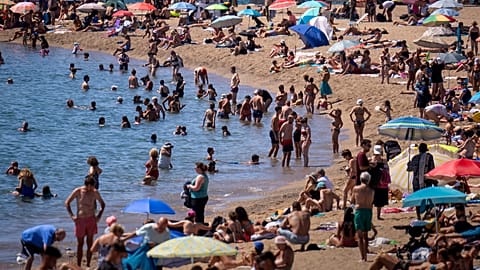 Bathers cool off in the water while others sunbathe on a Barcelona beach, Spain, Wednesday, July 24, 2024.