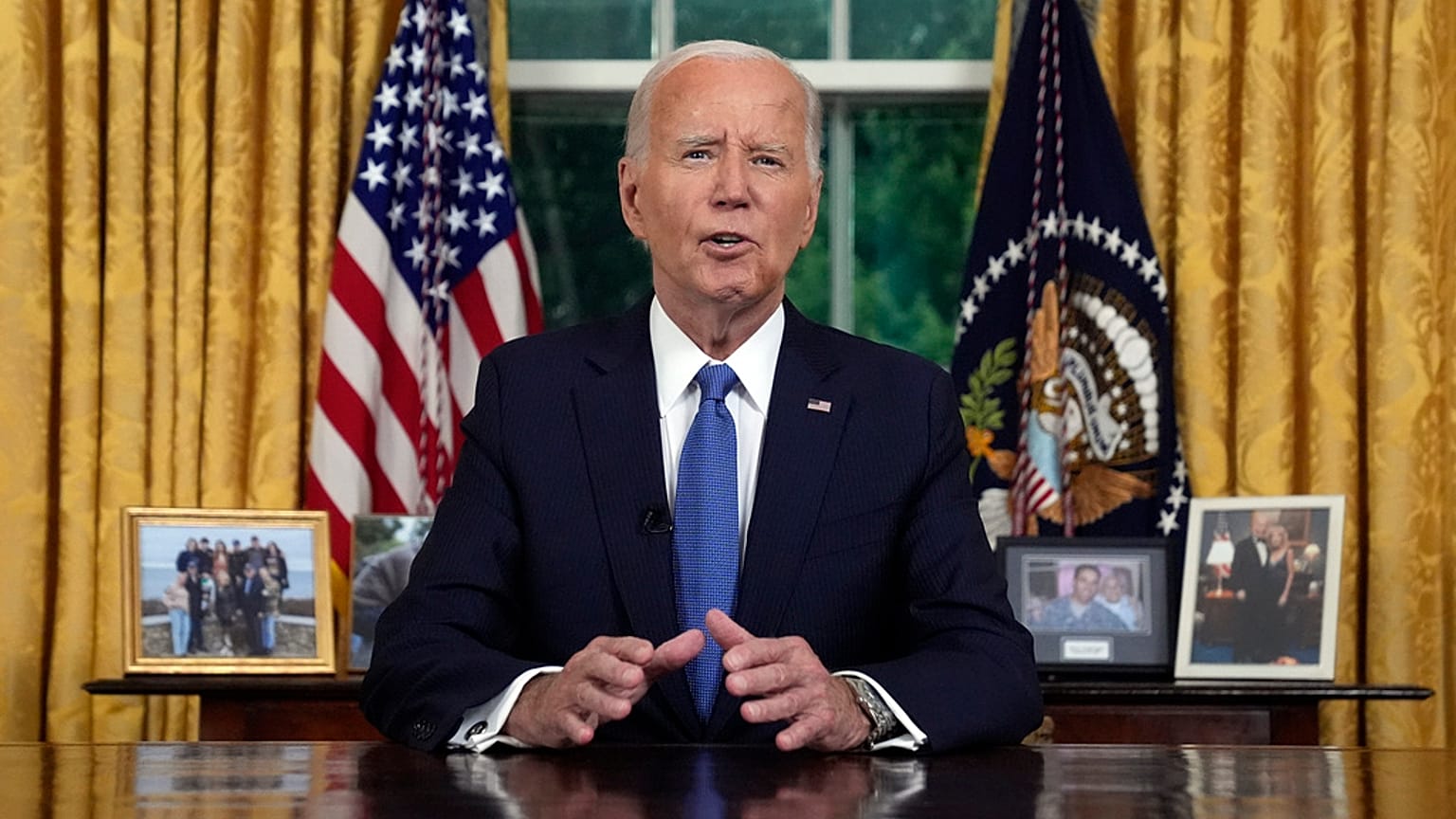 President Joe Biden addresses the nation from the Oval Office of the White House in Washington, Wednesday, July 24, 2024, about his decision to drop bid.