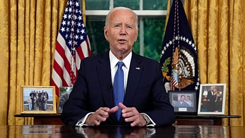 President Joe Biden addresses the nation from the Oval Office of the White House in Washington, Wednesday, July 24, 2024, about his decision to drop bid.