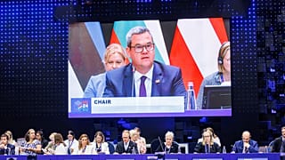 Hungarian health minister Péter Takács presides over an informal EU Council health summit in Budapest