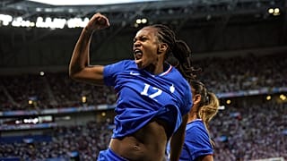 France's Marie-Antoinette Katoto celebrates after scoring during the women's Group A fotball match between France and Colombia