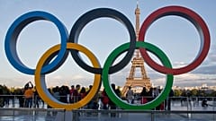 The Olympic rings are set up at Trocadero plaza that overlooks the Eiffel Tower