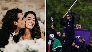 Gimbo Tamberi eşi Chiara Bontempi ile beraber (Instragram/gianmarcotamberi) ve sağda Paris Olimpiyatları açılış töreni sırasında