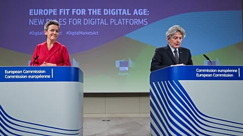 European Commissioners Margrethe Vestager and Thierry Breton during a conference on the Digital Services Act. 