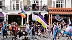 People take part in a Trans Pride protest march in Brighton, England, Saturday July 20, 2024.