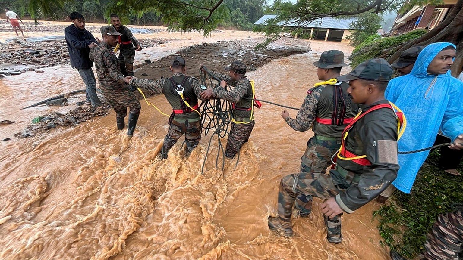 Indian army soldiers engaged in rescue operations at landslide affected village in Wayanad in southern Kerala, India, Tuesday, July 30, 2024.