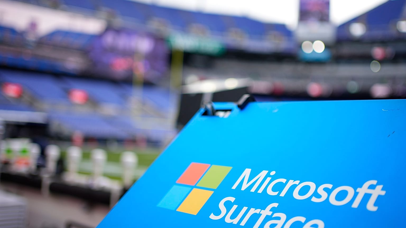 A Microsoft Surface logo near an NFL football game between the Houston Texans and the Baltimore Ravens, on Jan. 20, 2024, in Baltimore