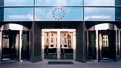 View on the entrance of the ASP building in Brussels