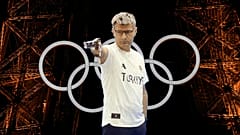 Türk Olimpiyat atıcısı Yusuf Dikeç ve Paris'teki Olimpiyat Oyunları logosu, kolaj