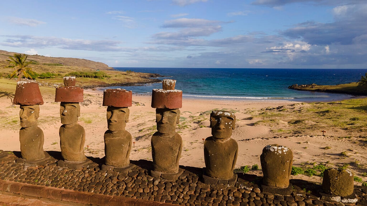 Moai statues stand on Anakena beach on Rapa Nui