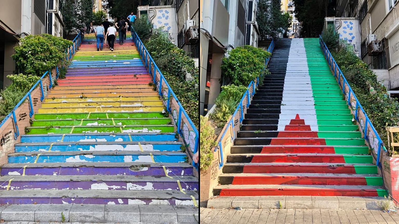 Merdivenlerin önceki hali (solda) ve şimdiki hali (Fotoğraflar, Yedi Hilal Derneği'nin X hesabından alınmıştır)