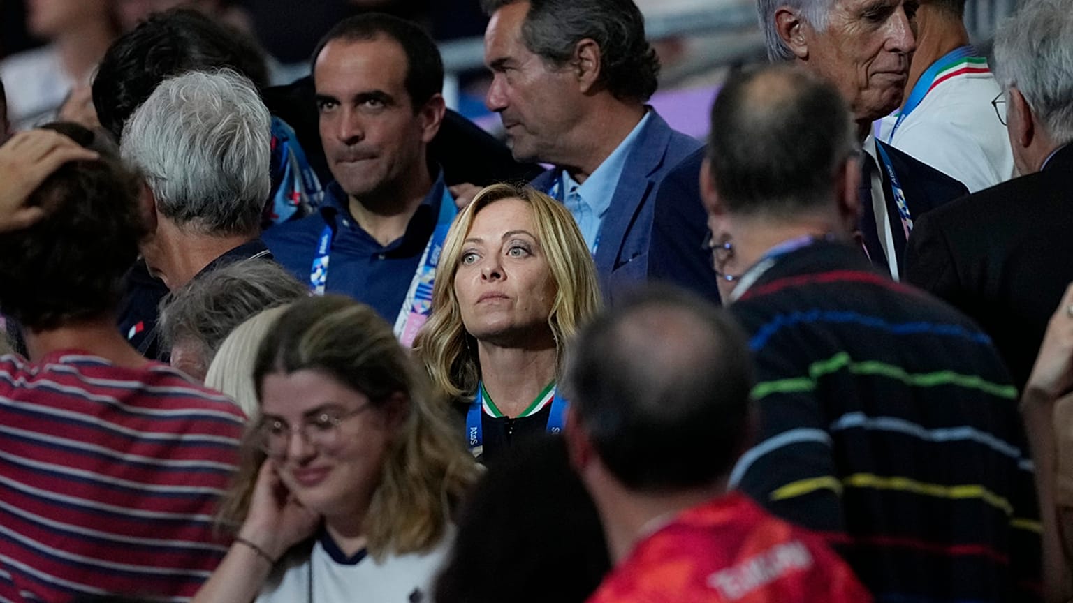 Italy's Prime Minister Giorgia Meloni attends at the women's team foil final match during the 2024 Summer Olympics at the Grand Palais, Aug. 1, 2024, in Paris, France