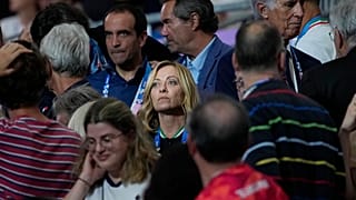 Italy's Prime Minister Giorgia Meloni attends at the women's team foil final match during the 2024 Summer Olympics at the Grand Palais, Aug. 1, 2024, in Paris, France
