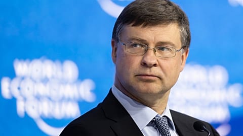 Valdis Dombrovskis attends a session at the 51st annual meeting of the World Economic Forum, WEF, in Davos, Switzerland, Wednesday, May 25, 2022. 