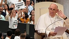 Papa Francis'in 7 Ağustos Çarşamba günü Vatikan'daki Paul VI salonunda yaptığı haftalık genel görüşme sırasında bir kadın "Boğa güreşi günahtır" yazılı bir pankart tutuyor.