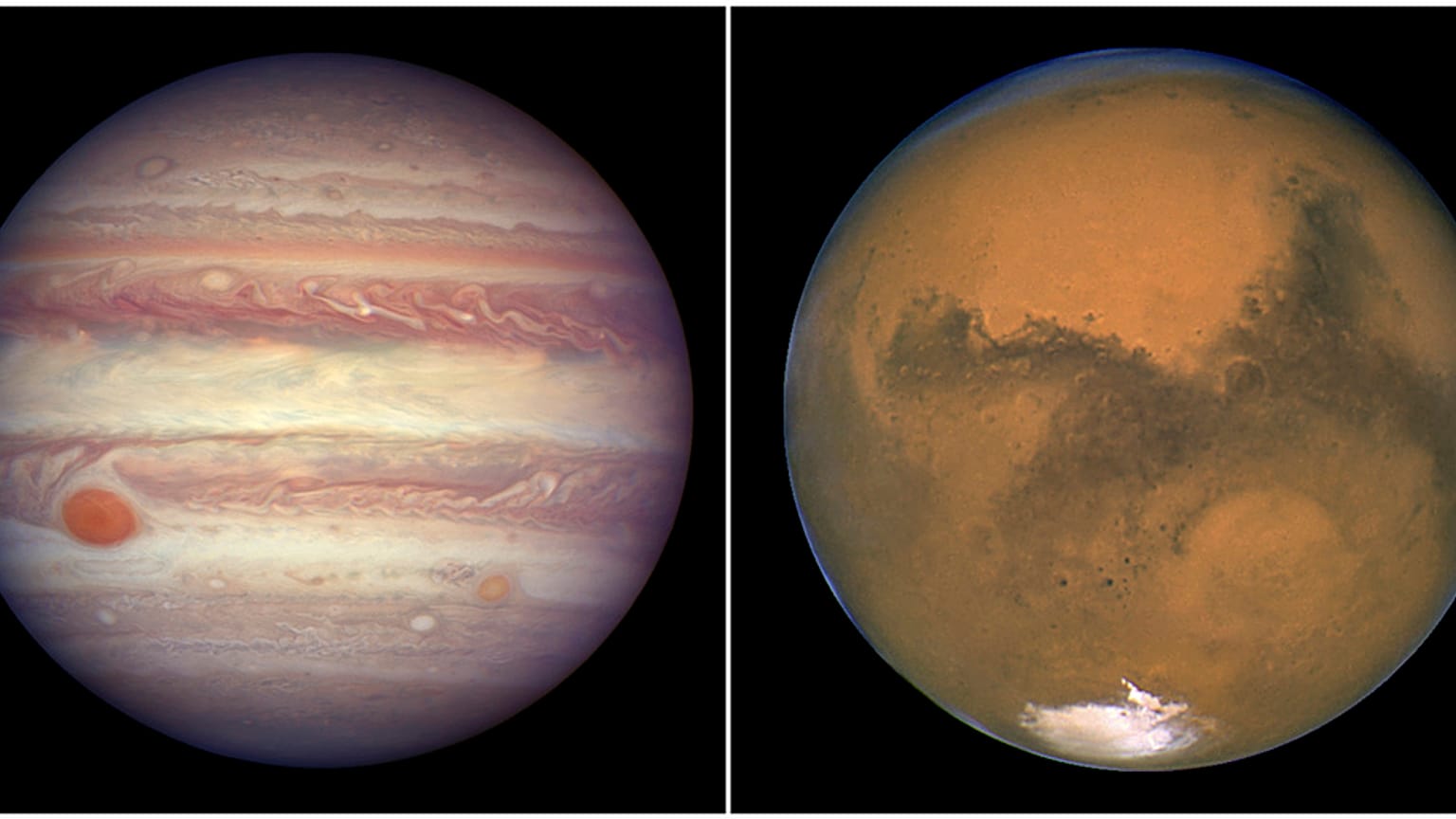 Esta imagen combinada, creada a partir de dos fotos proporcionadas por la NASA, muestra a Júpiter fotografiado el 3 de abril de 2017, a la izquierda, y a Marte fotografiado el 26 de agosto de 2003, a la derecha.