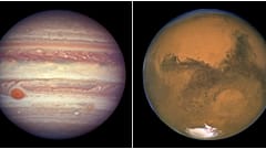 NASA tarafından sağlanan iki fotoğraftan oluşturulan bu birleşik görüntü, solda 3 Nisan 2017'de çekilen Jüpiter'i ve sağda 26 Ağustos 2003'te çekilen Mars'ı gösteriyor.