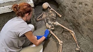 Arqueólogo limpiando los restos del esqueleto de un hombre que murió en Pompeya durante la erupción del 79 d.C.