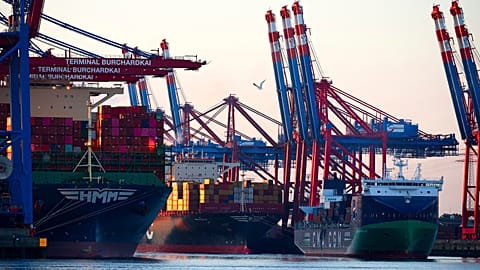 Container freighters moored in the port of Waltershof in Hamburg, Germany