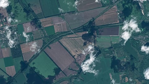 The image released by Maxar Technologies shows a trench from Selektsionnyi to Lgov, Russia