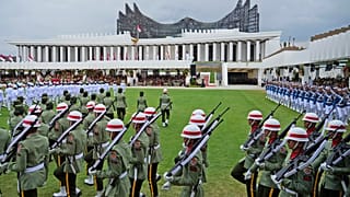 Soldiers march before the start of a ceremony marking Indonesia's 79th anniversary of the independence at the new presidential palace in its future capital city of Nusantara.