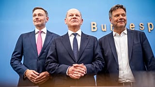 German Chancellor Olaf Scholz, center, German Minister for Economic Affairs and Climate Protection Robert Habeck, left, and German Minister of Finance Christian Lindner.
