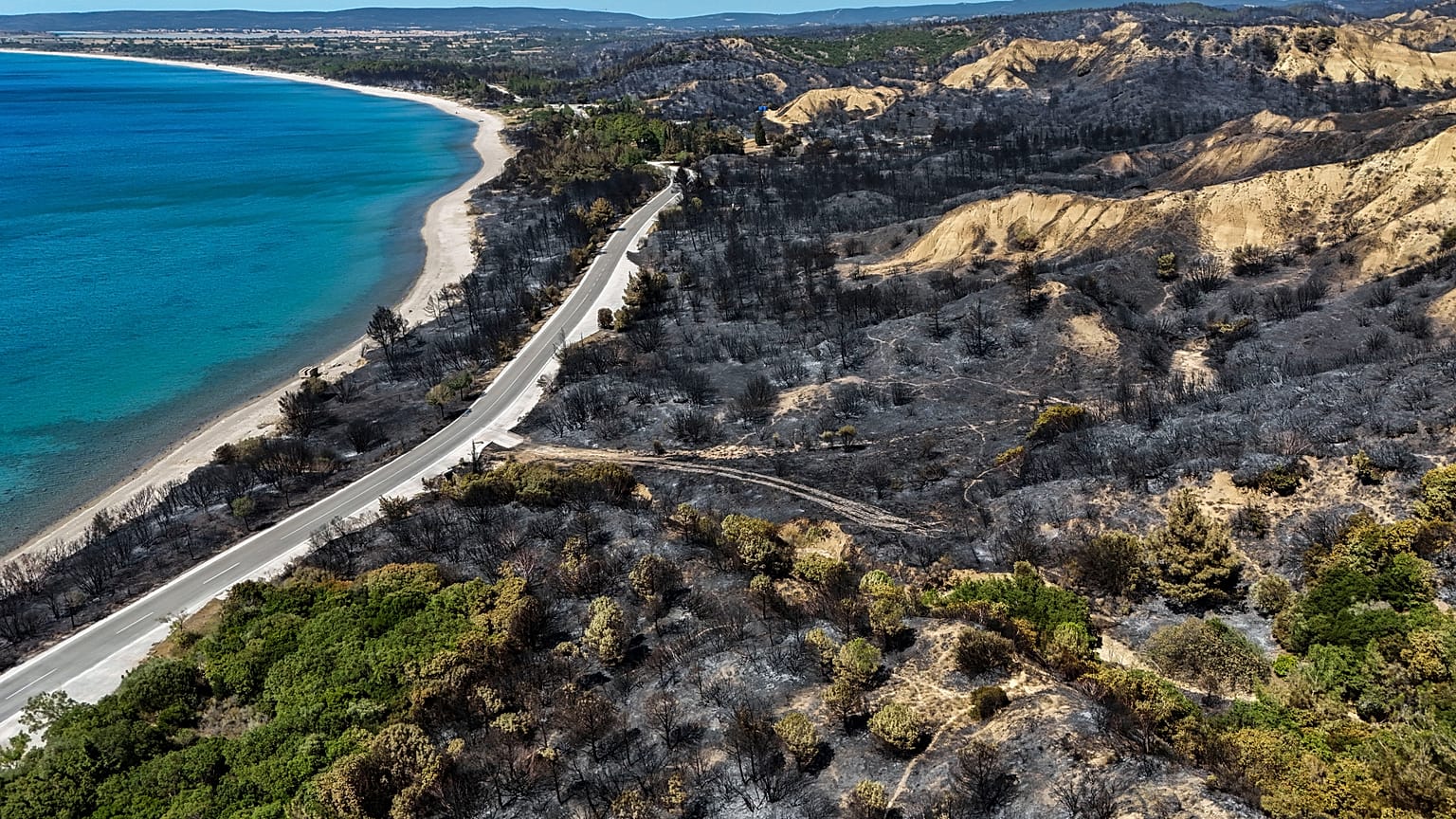 Eine Luftaufnahme zeigt einen Teil des gelöschten Waldbrandgebiets am Strand von Anzac Cove bei Çanakkale, 16. August 2024