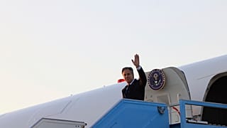 U.S. Secretary of State Antony Blinken waves as he disembarks from his plane in Tel Aviv, Israel, Sunday, Aug. 18, 2024. 