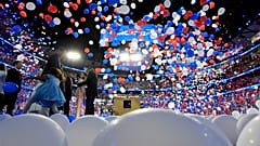 Democratic presidential nominee Kamala Harris on stage as balloons drop on the final night of the Democratic National Convention