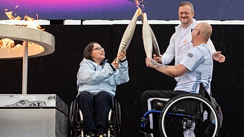 British Paralympians Helene Raynsford and Gregor Ewan light the Paralympic Flame in Stoke Mandeville. Saturday, August 24, 2024.