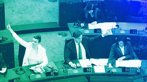 European Union lawmakers vote on an Artificial Intelligence Act at the European Parliament in Strasbourg, March 2023