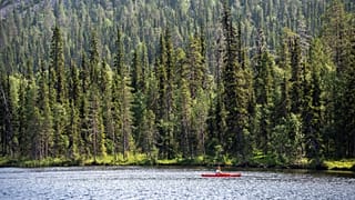 A paddler on Lake Kesanki in Akaslompolo, Kolari, Lapland, Northern Finland, July 2021, during a heatwave.