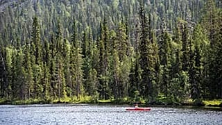 Ein Paddler auf dem Kesanki-See in Akaslompolo, Kolari, Lappland in Nordfinnland, im Juli 2021 während einer Hitzewelle.