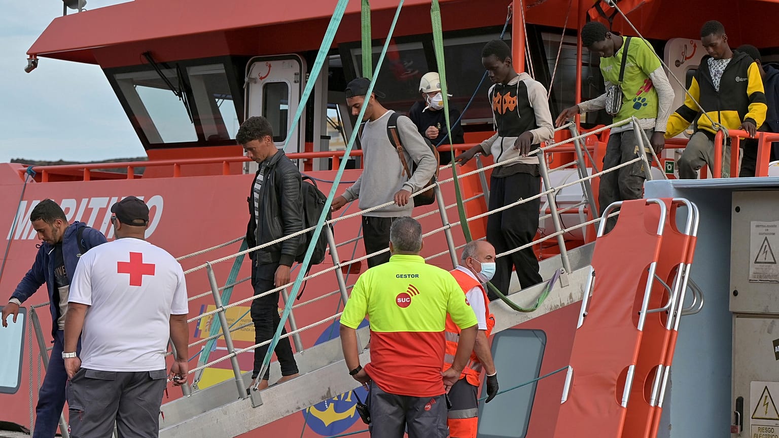 Young migrants arrive in the port of La Restinga at El Hierro in the Canary Islands in June.