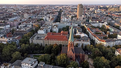 Arial view of the Wilmersdorf district with office buildings and apartment houses close to the catholic St. Ludwig church in Berlin, Germany, Tuesday, Sept. 7, 2021.