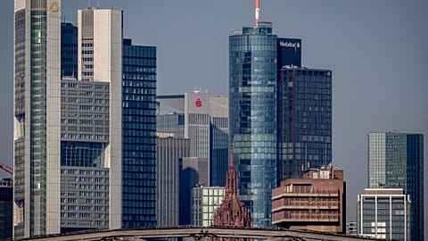 The buildings of the banking district are seenin Frankfurt, Germany, Monday, April 6, 2020.