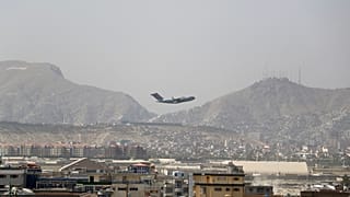 U.S military aircraft takes off at the Hamid Karzai International Airport in Kabul, Afghanistan, Saturday, Aug. 28, 2021.