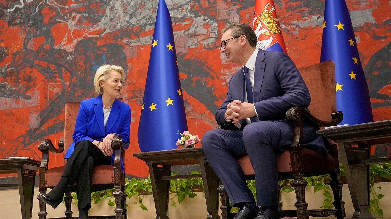 Serbian President Aleksandar Vucic, right, speaks with European Commission President Ursula von der Leyen at the Serbia Palace in Belgrade, Serbia, Tuesday, Oct. 31, 2023. 