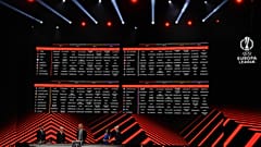 Kulüpler ve fikstürler, 30 Ağustos 2024 Cuma günü Monako'da gerçekleştirilen UEFA Avrupa Ligi grup aşaması kura çekimi sırasında ekranda gösteriliyor.