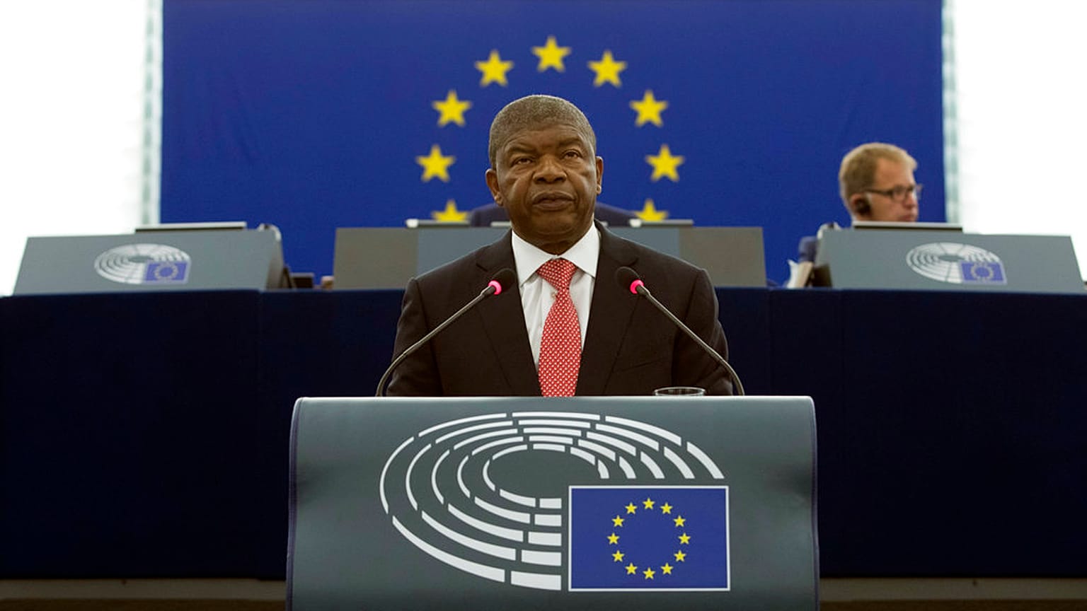 Angola President Joao Lourenco speaks during the plenary session of the European Parliament in Strasbourg, eastern France, Wednesday, July 4, 2018.