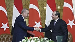 في هذه الصورة المنشورة من قبل الرئاسة التركية، الرئيس التركي رجب طيب أردوغان، إلى اليسار، والرئيس المصري عبد الفتاح السيسي، إلى اليمين، يتصافحان خلال لقائهما في قصر الاتحادية 