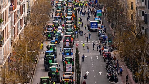 Spanish farmers protest in Madrid in January 2024, a scene repeated across the EU amid a backlash against low income, red tape, and EU environmental rules