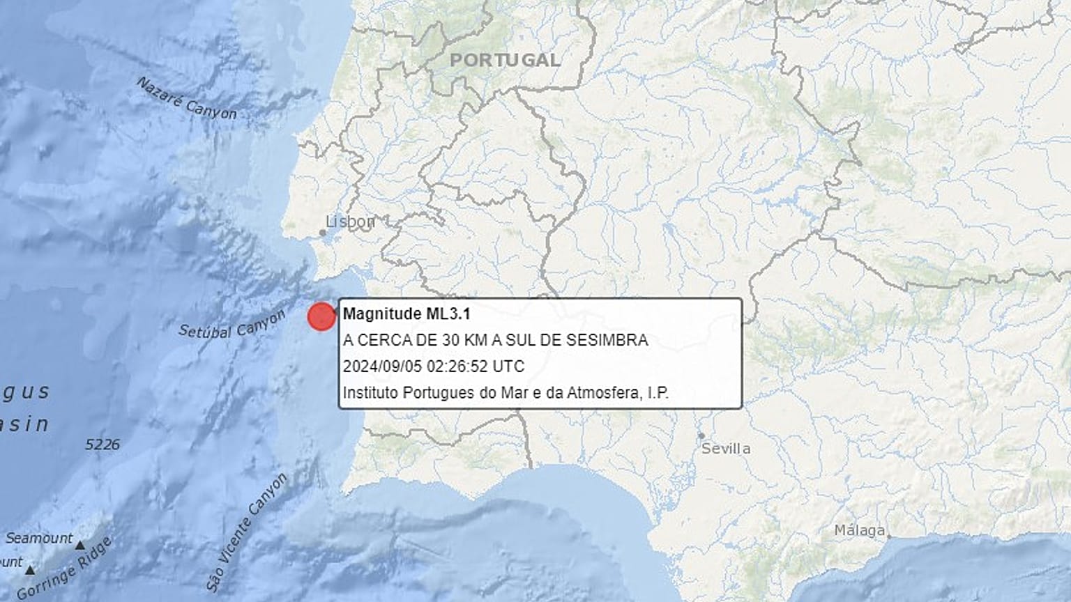 Situación del epicentro de magnitud 3.0 cerca de Sesimbra