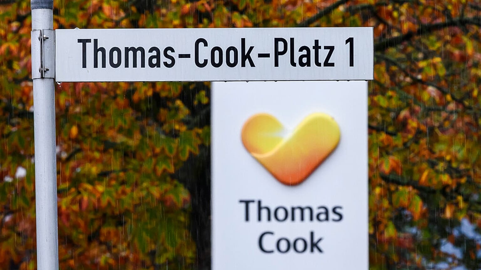 A street sign reading 'Thomas-Cook-Square 1' at the entrance of the German headquarters of the company in Oberursel near Frankfurt. 23 Sept. 2019.