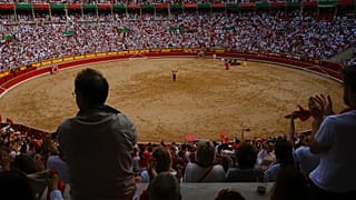 A horseback bullfight at San Fermin Fiestas in Pamplona, northern Spain, Saturday, July 6, 2023.