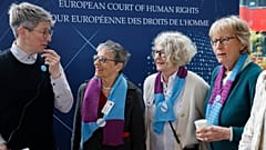 Swiss members of Senior Women for Climate gather after the European Court of Human Rights' ruling, Tuesday, 9 April, 2024.