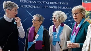 Swiss members of Senior Women for Climate gather after the European Court of Human Rights' ruling, Tuesday, 9 April, 2024.