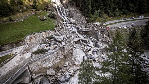 A road is blocked in Eisten after a landslide following severe weather, September 6, 2024