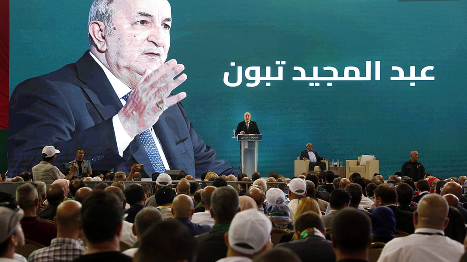 FILE - Abdelmajid Tebboune delivers a speech during his campaign for the upcoming presidential election, in Oran, Algeria, Sunday, Aug. 26, 2024.