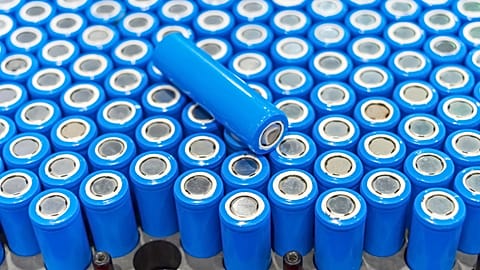 Rows of blue lithium-ion industrial high current batteries 